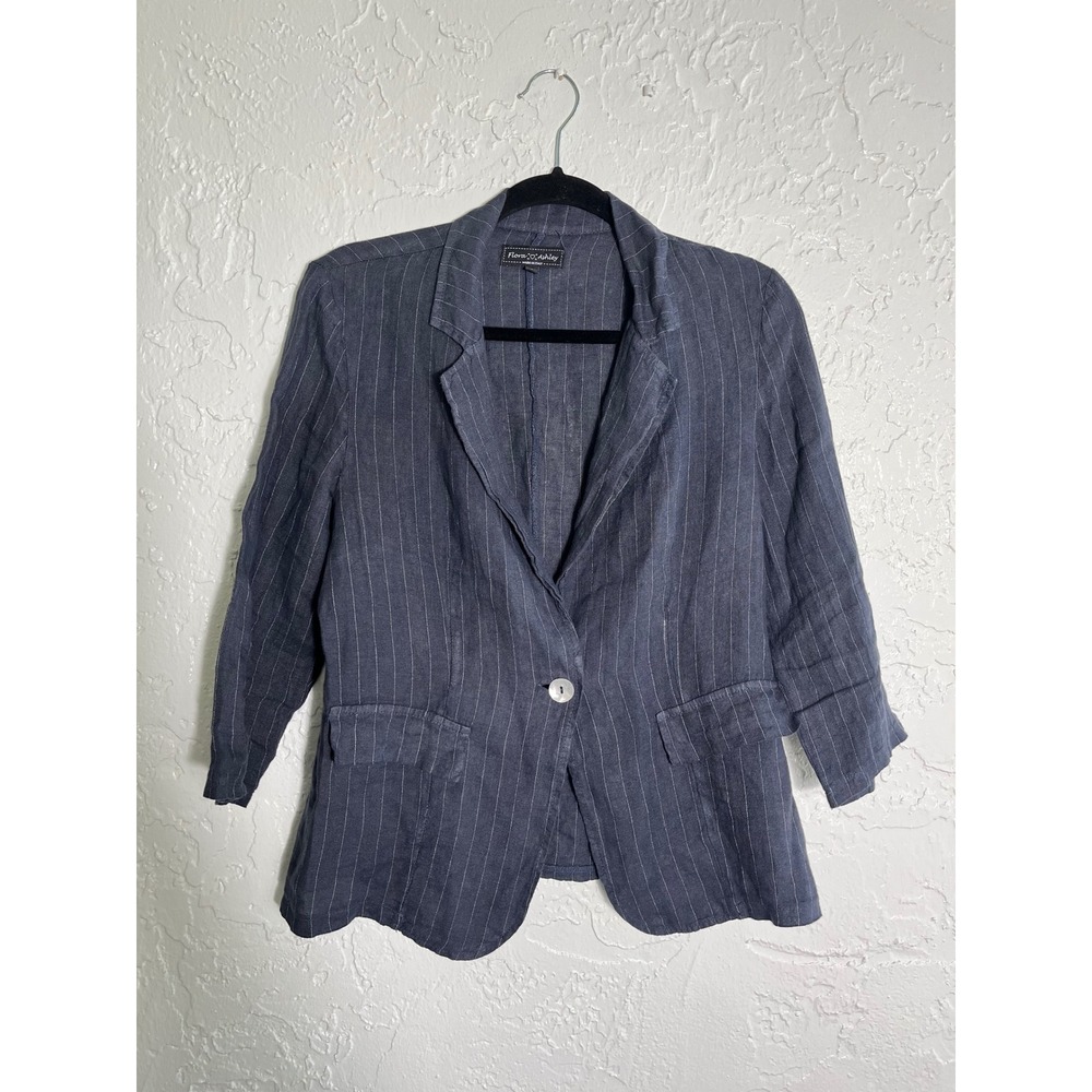 Flora Ashley Navy Blue Pinstripe 100% Linen Blazer Made in Italy Womens Small